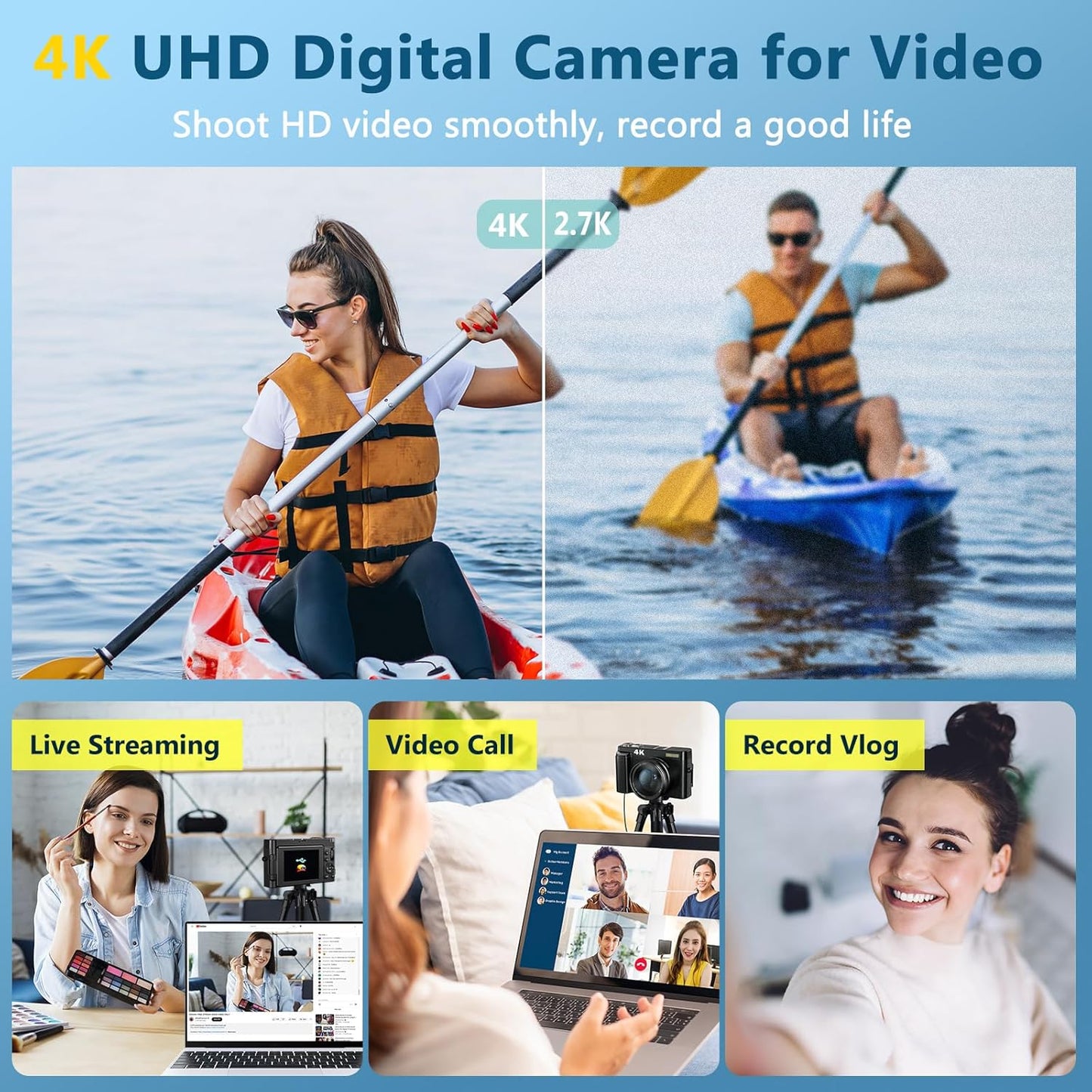 AiTechny 4K Digital Camera For Autofocus Photography, 48Mp 128 GB Vlogging Camera With Anti-Shake Sd Card, 3 Inch 180° Compact Video Camera For Travel, Digital Camera With 16X Zoom