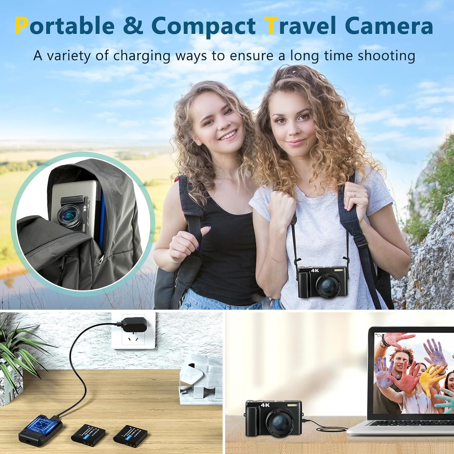 AiTechny 4K Digital Camera For Autofocus Photography, 48Mp 128 GB Vlogging Camera With Anti-Shake Sd Card, 3 Inch 180° Compact Video Camera For Travel, Digital Camera With 16X Zoom
