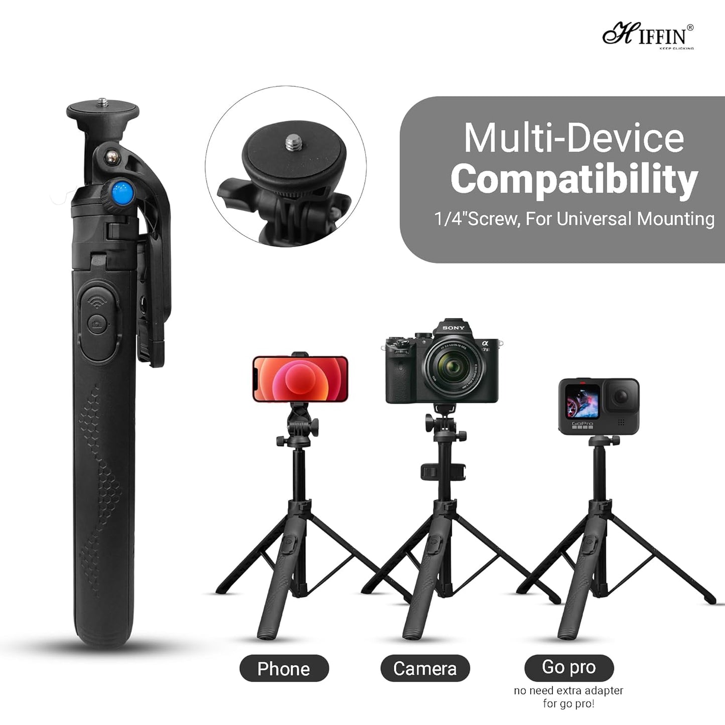 HIFFIN HST-61 Selfie Stick Tripod, 63” Professional Tripod with Wireless Remote, Portable Travel Tripod Stand Compatible with Smartphones & Cameras for Vlogging/Video Recording/Live Streaming