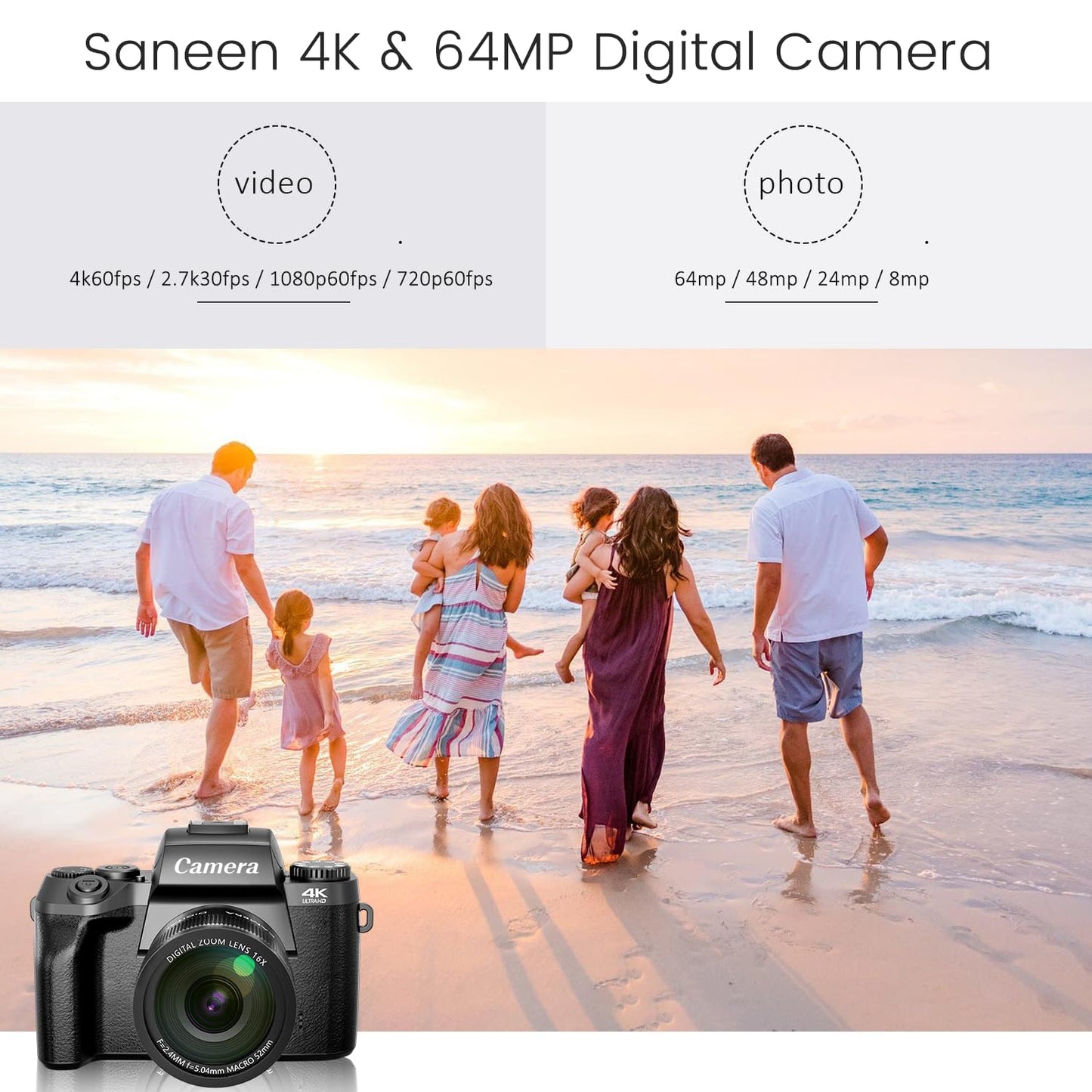 Saneen Digital Camera, 4K Cameras for Photography and Video, 64MP WiFi Touchscreen, Vlogging Camera for YouTube with Flash, 32GB Card, Sunshade, 3000mAh Battery, Front Cameras
