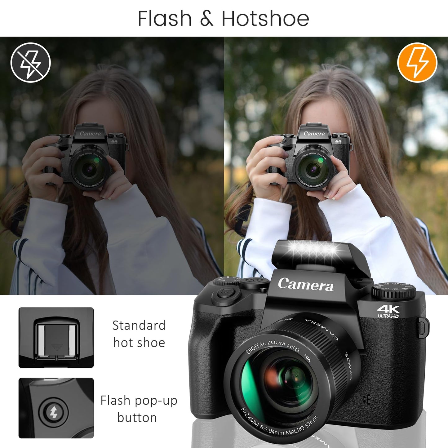 Saneen Digital Camera, 4K Cameras for Photography and Video, 64MP WiFi Touchscreen, Vlogging Camera for YouTube with Flash, 32GB Card, Sunshade, 3000mAh Battery, Front Cameras