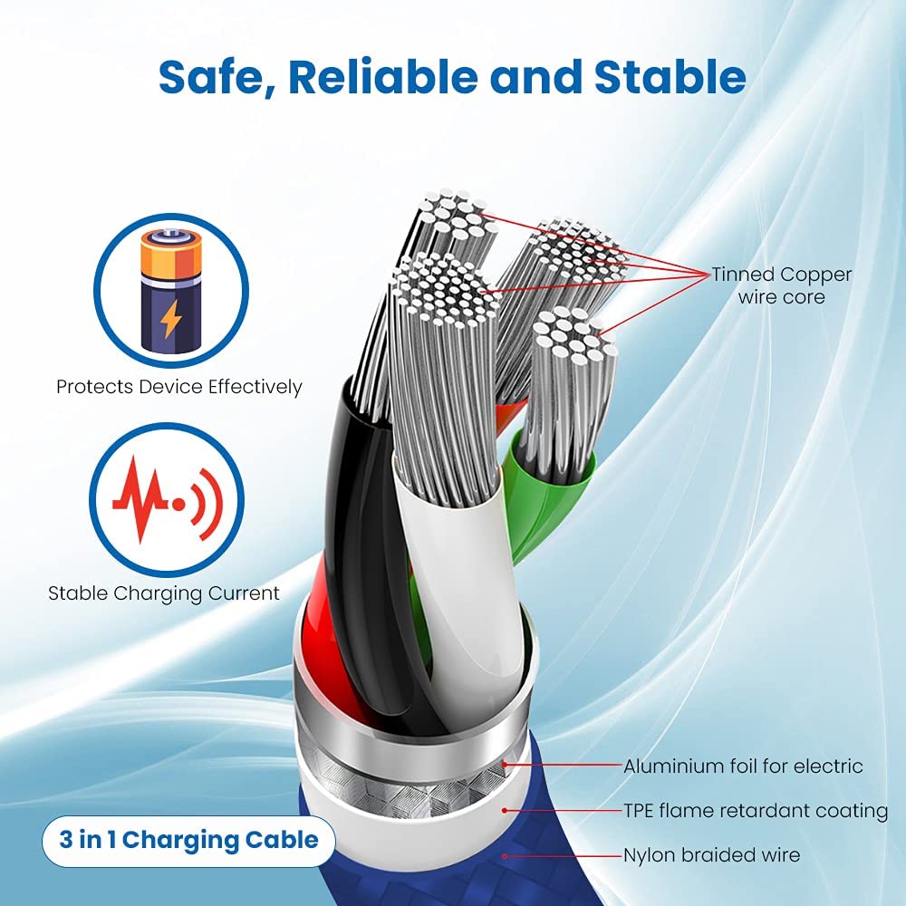 VAR-NI 3 in 1 Charging Cable Nylon Braided Multiple USB Fast Charging Cable,Compatible for All Smartphone, iPhones and Android, iOS and Type C Devices. by Marchpower