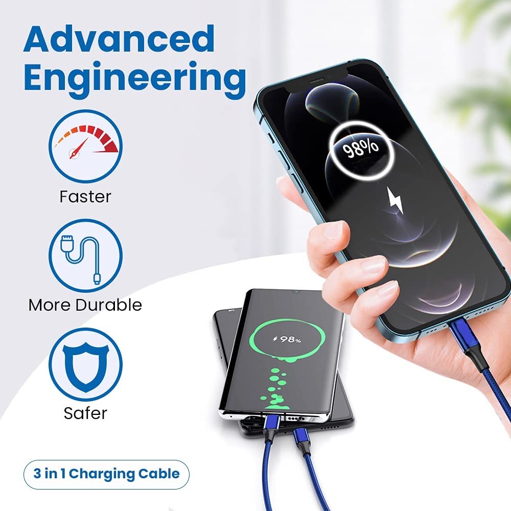 VAR-NI 3 in 1 Charging Cable Nylon Braided Multiple USB Fast Charging Cable,Compatible for All Smartphone, iPhones and Android, iOS and Type C Devices. by Marchpower