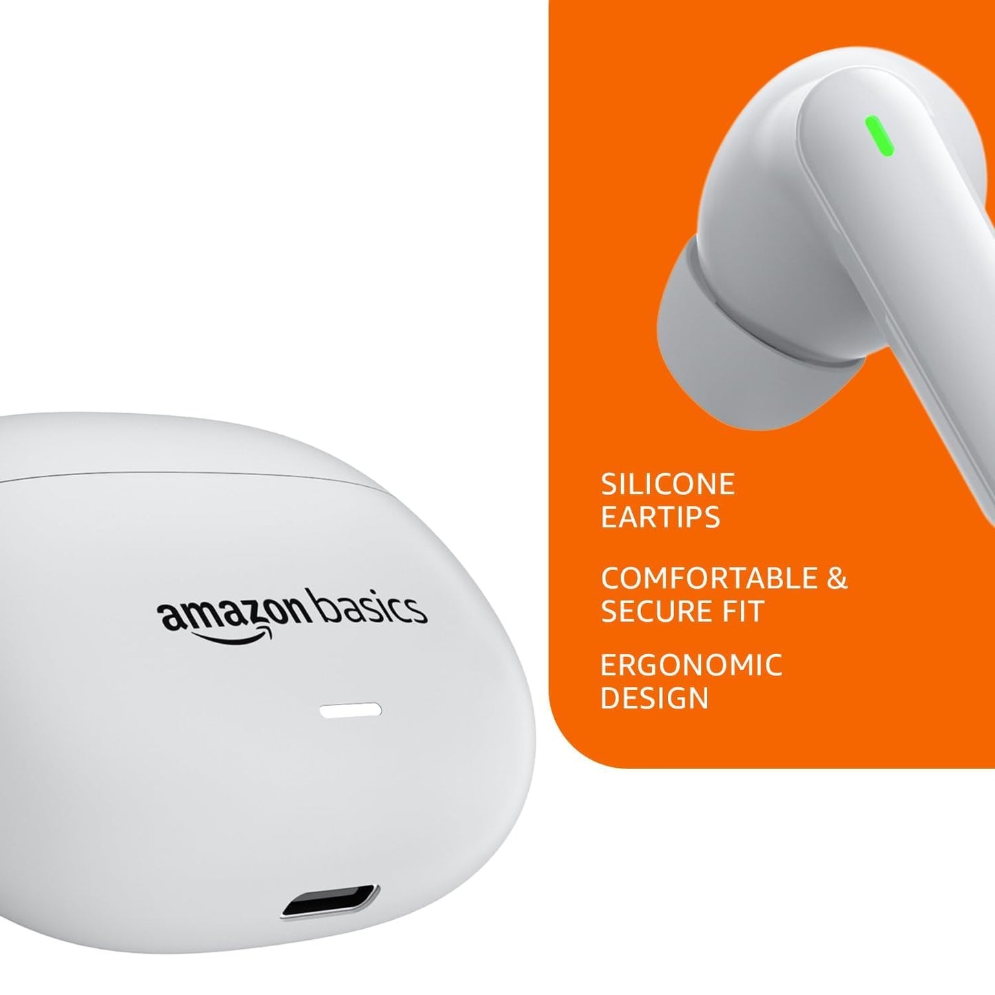 amazon basics True Wireless in-Ear Earbuds with Mic, Low-Latency Gaming Mode, Touch Control, IPX5 Water-Resistance, Bluetooth 5.3, Up to 60 Hours Play Time, Voice Assistance and Fast Charging