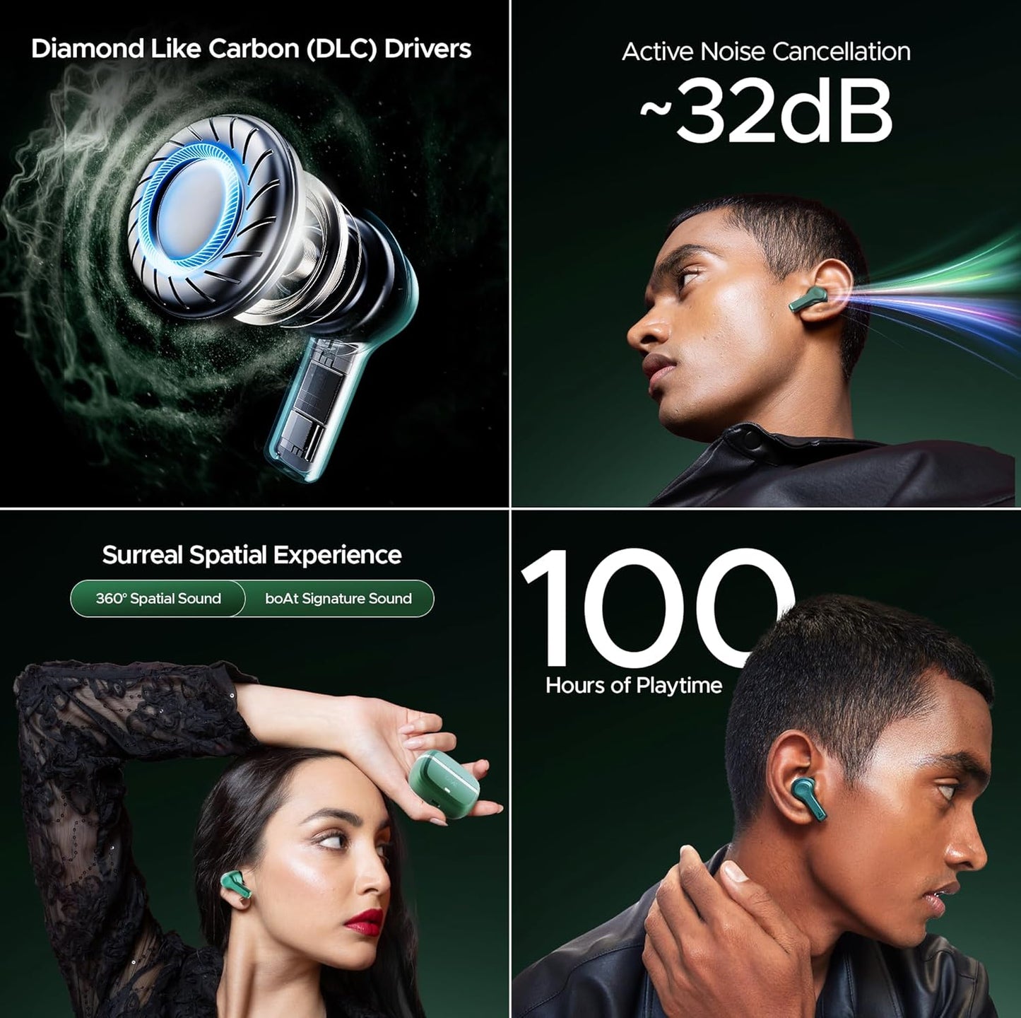 boAt Nirvana Space, 360º Spatial Audio, Active Noise Cancellation (~32dB), 100Hrs Battery,4Mics ENx, Fast Charge, v5.3 Bluetooth Earbuds, TWS Ear Buds Wireless Earphones with mic