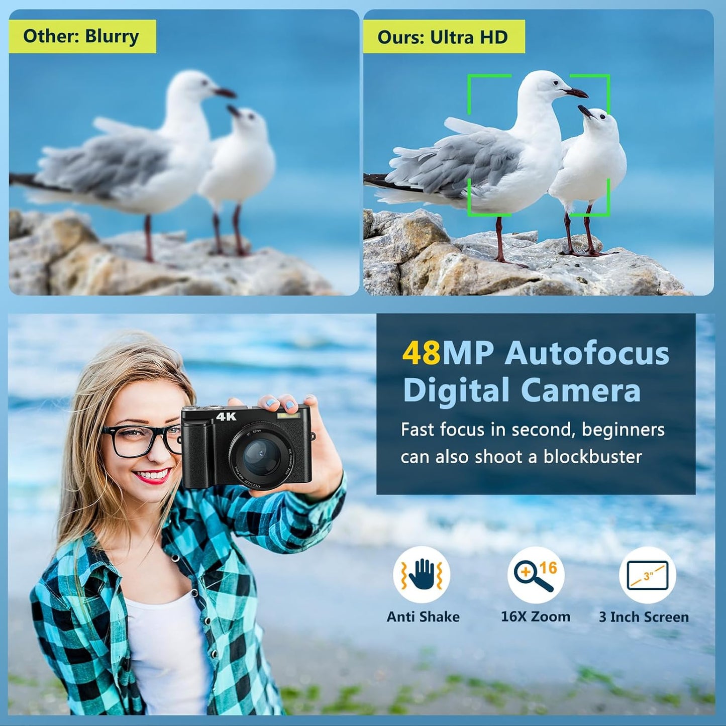 AiTechny 4K Digital Camera For Autofocus Photography, 48Mp 128 GB Vlogging Camera With Anti-Shake Sd Card, 3 Inch 180° Compact Video Camera For Travel, Digital Camera With 16X Zoom