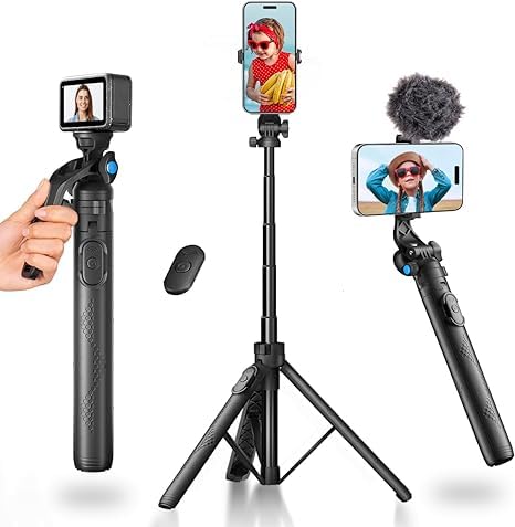 HIFFIN HST-61 Selfie Stick Tripod, 63” Professional Tripod with Wireless Remote, Portable Travel Tripod Stand Compatible with Smartphones & Cameras for Vlogging/Video Recording/Live Streaming