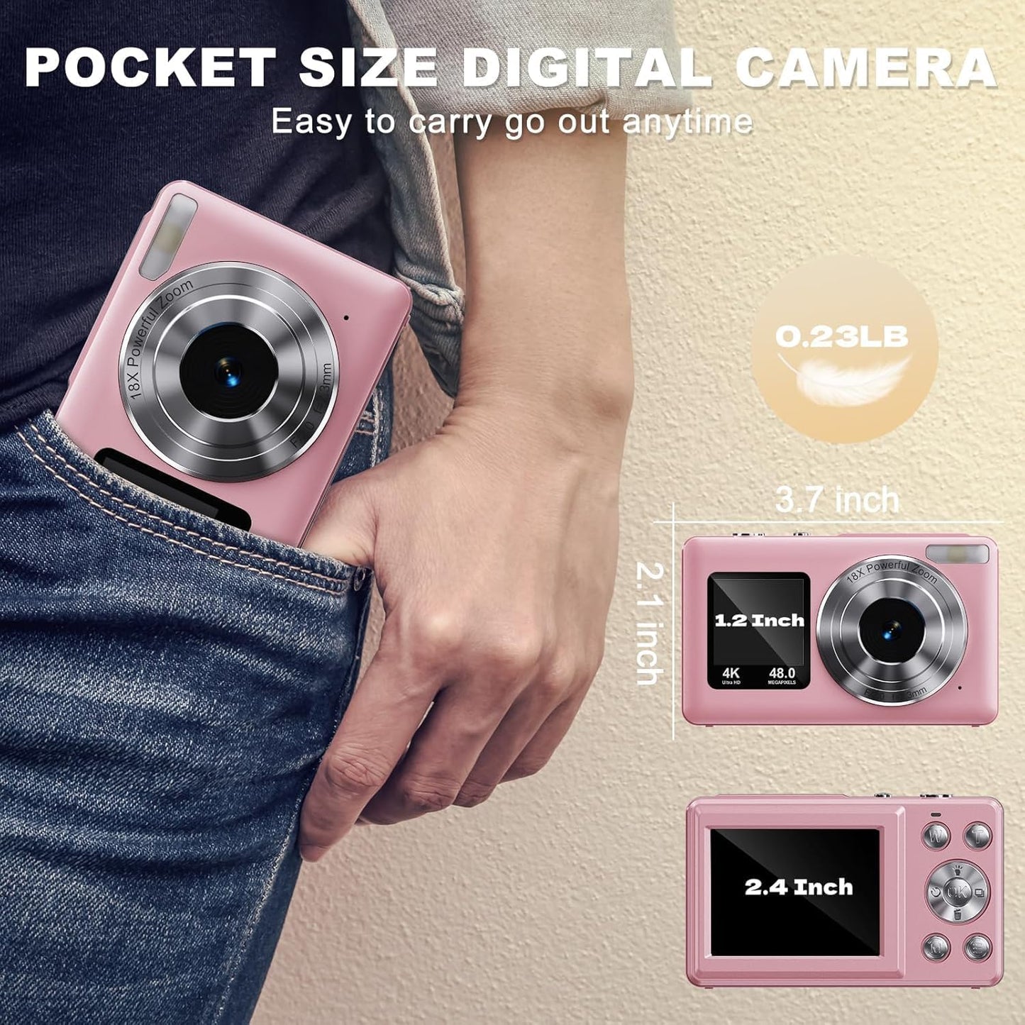 LEKATO 4K 48MP Digital Camera for Kids & Teens with Dual Screen & Autofocus, 16X Zoom Compact Point and Shoot Camera, 64GB SD Card Included, Rechargeable Battery (DC-7)