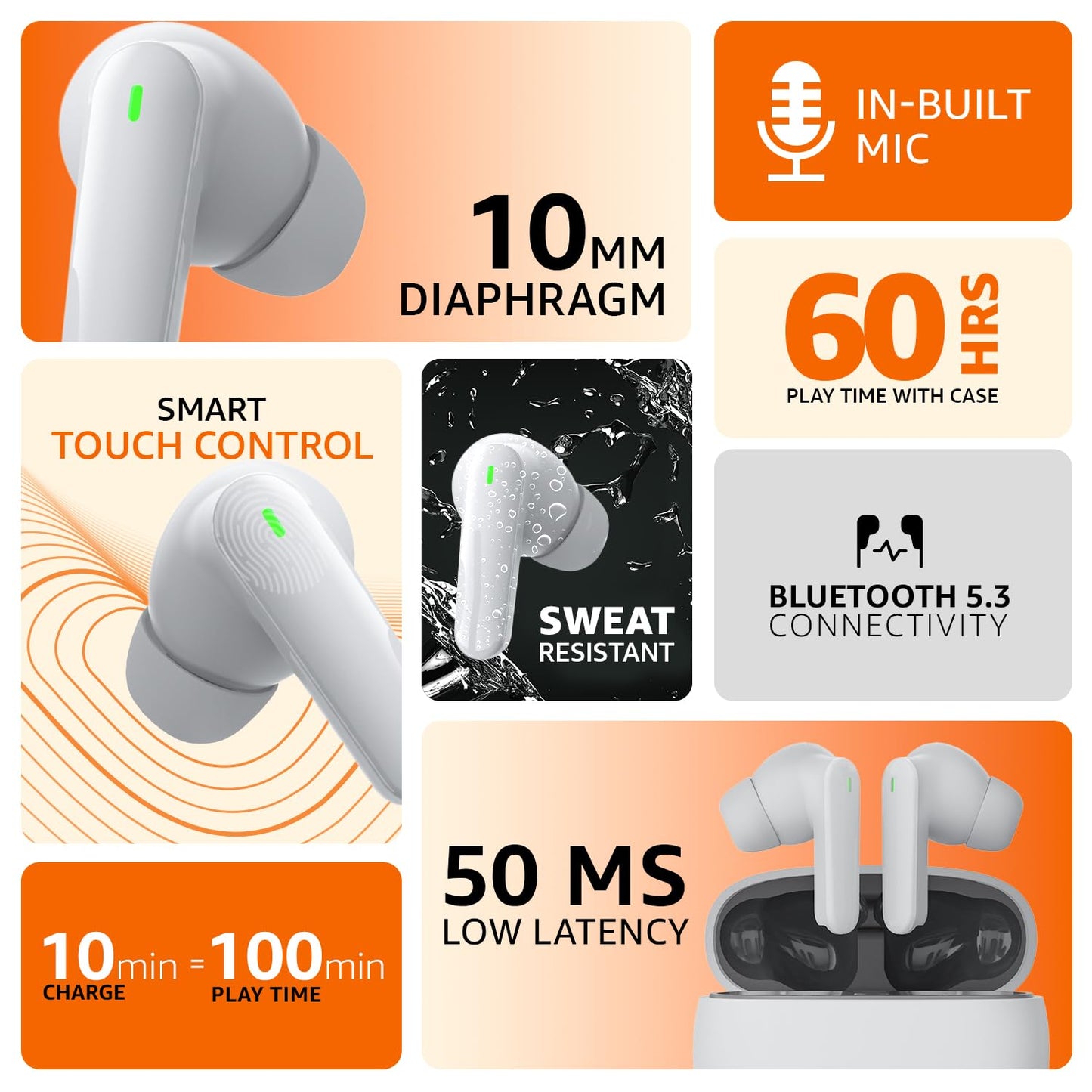 amazon basics True Wireless in-Ear Earbuds with Mic, Low-Latency Gaming Mode, Touch Control, IPX5 Water-Resistance, Bluetooth 5.3, Up to 60 Hours Play Time, Voice Assistance and Fast Charging