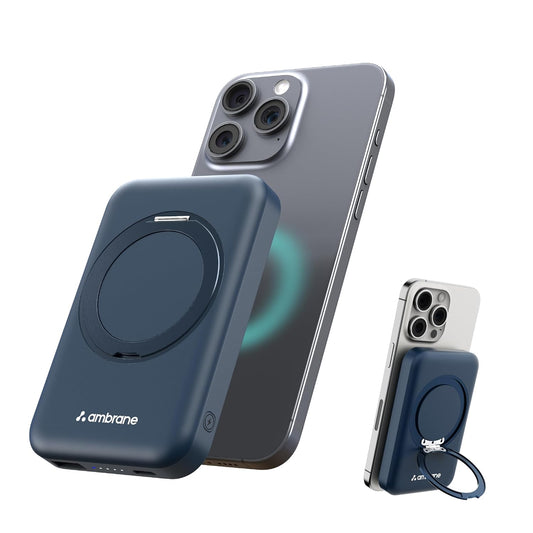 Ambrane MagSafe Wireless 10000mAh Fast Charging Power Bank with Mobile Stand, Strong Magnet, 22.5W Output for iPhone 12 & Above, Android & Other Qi Enabled Device + Magnetic Ring