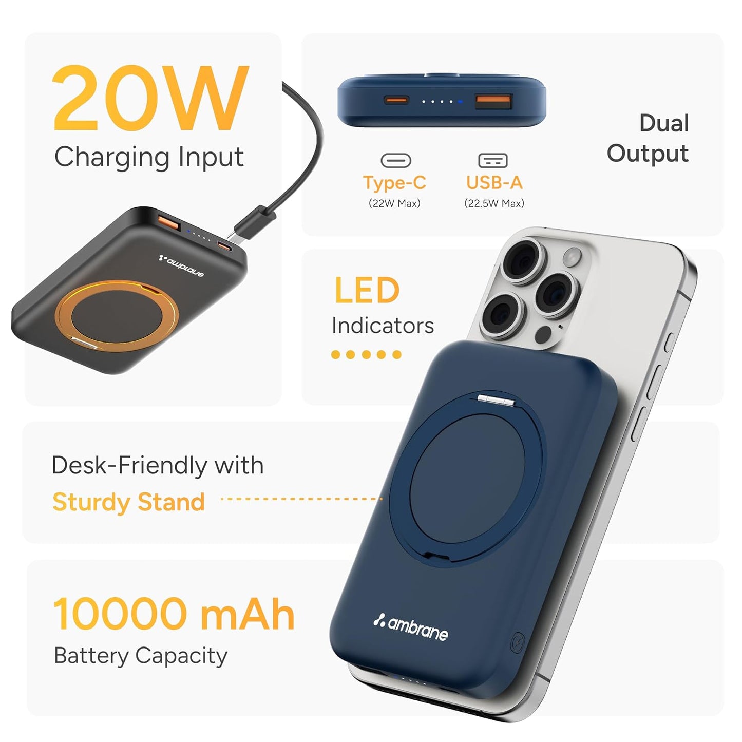Ambrane MagSafe Wireless 10000mAh Fast Charging Power Bank with Mobile Stand, Strong Magnet, 22.5W Output for iPhone 12 & Above, Android & Other Qi Enabled Device + Magnetic Ring