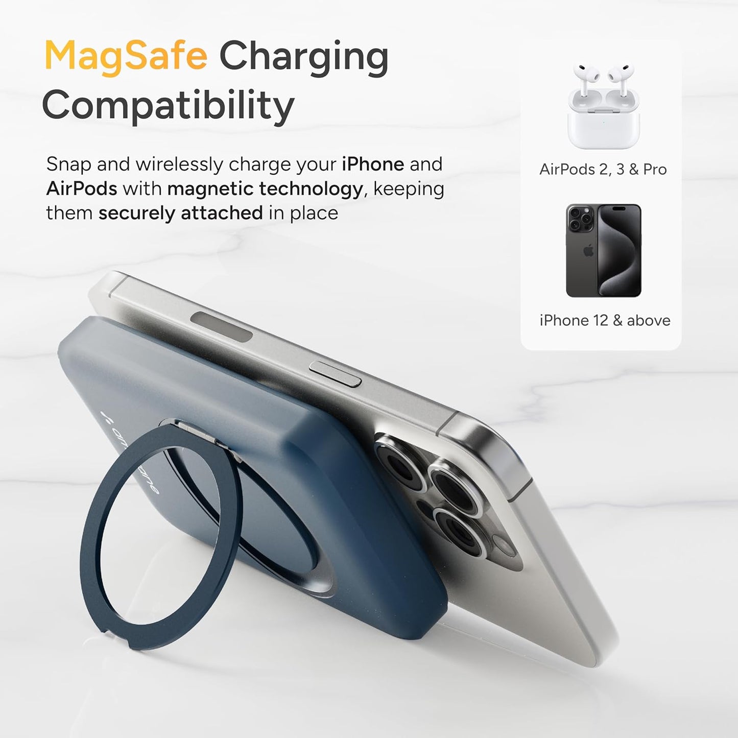 Ambrane MagSafe Wireless 10000mAh Fast Charging Power Bank with Mobile Stand, Strong Magnet, 22.5W Output for iPhone 12 & Above, Android & Other Qi Enabled Device + Magnetic Ring