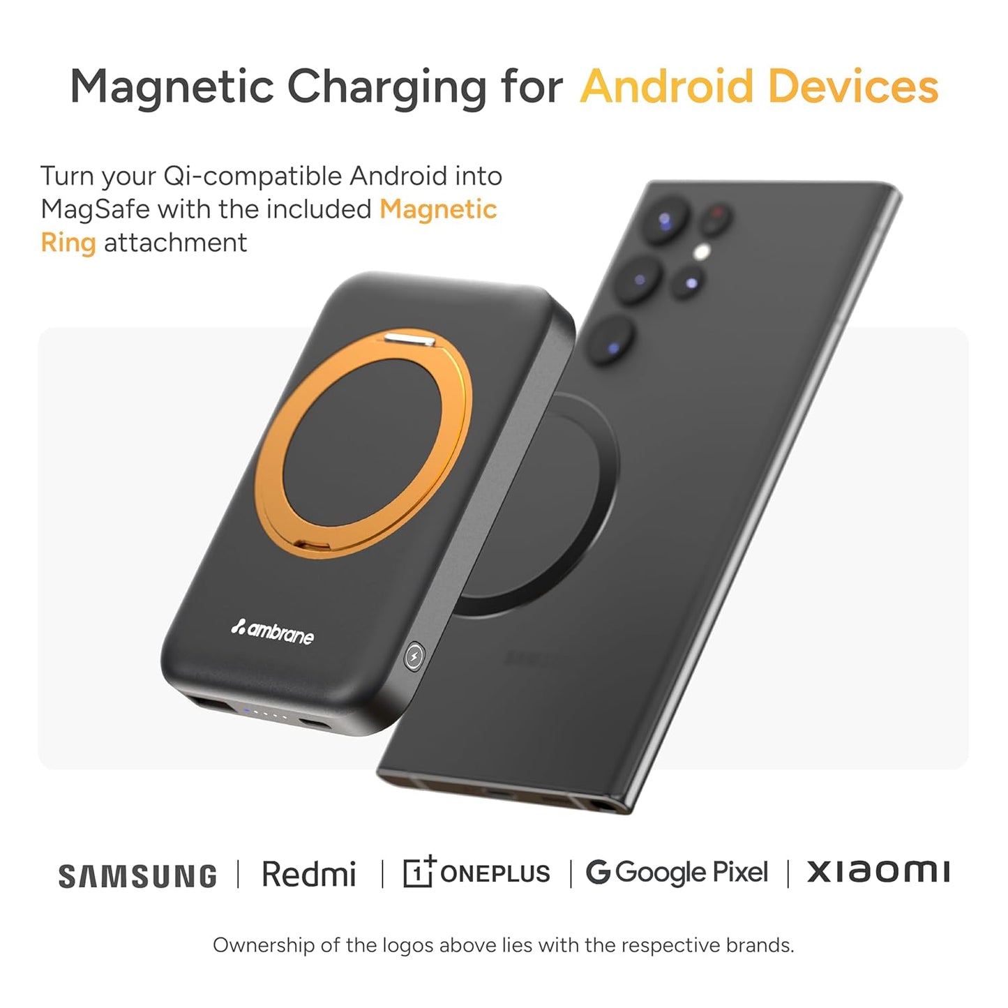 Ambrane MagSafe Wireless 10000mAh Fast Charging Power Bank with Mobile Stand, Strong Magnet, 22.5W Output for iPhone 12 & Above, Android & Other Qi Enabled Device + Magnetic Ring