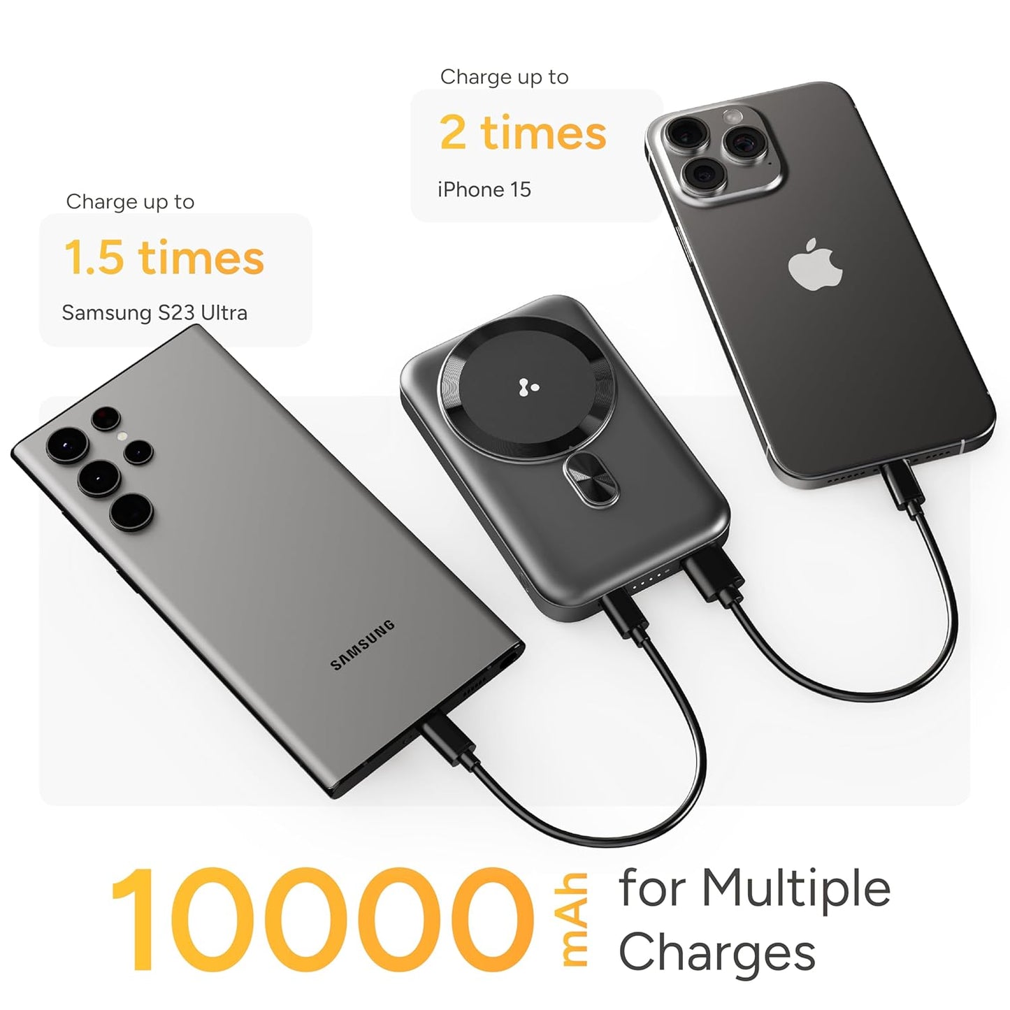 Ambrane MagSafe Wireless 10000mAh Fast Charging Power Bank with Mobile Stand, Strong Magnet, 22.5W Output for iPhone 12 & Above, Android & Other Qi Enabled Device + Magnetic Ring