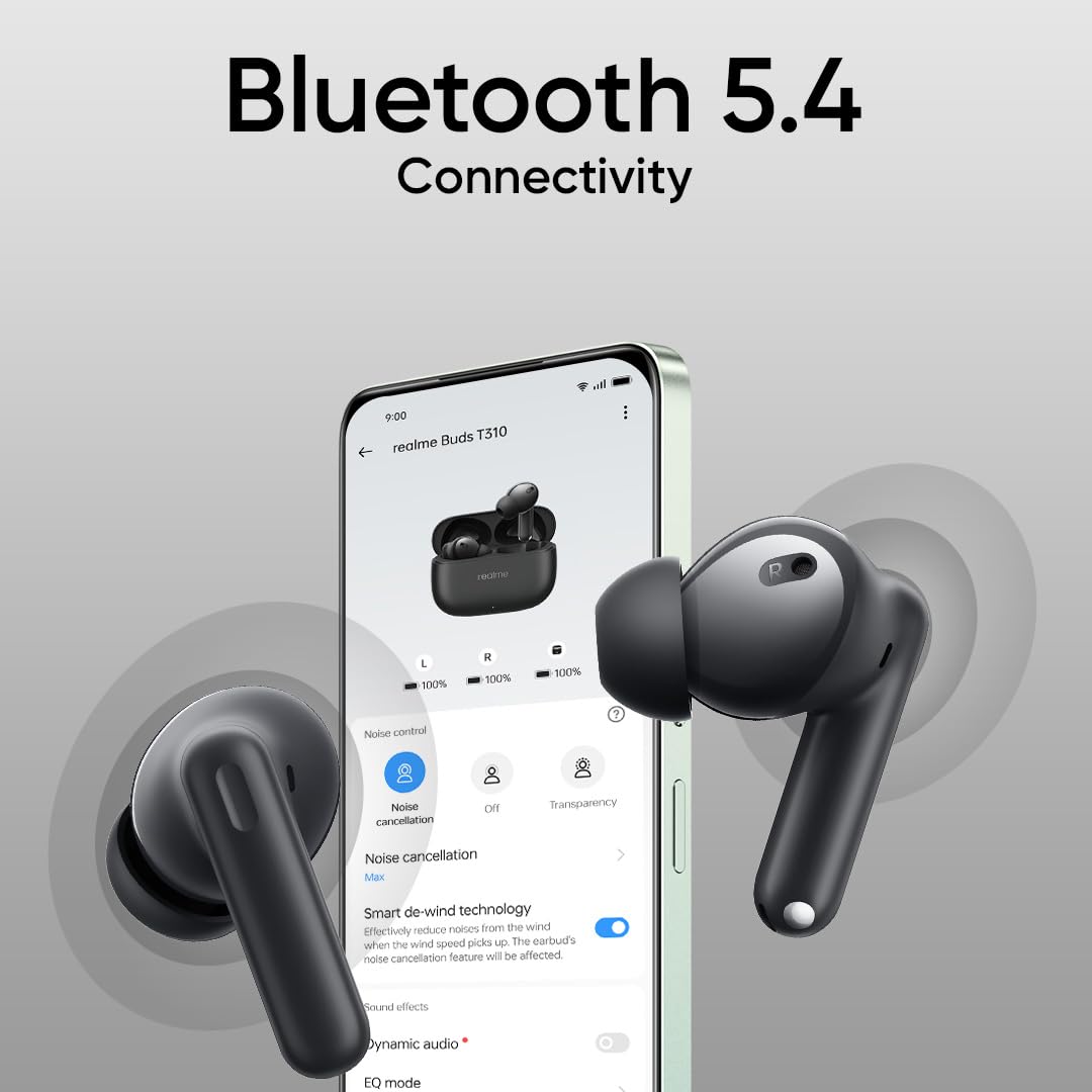 realme Buds T310 True Wireless in-Ear Earbuds with 46dB Hybrid ANC, 360° Spatial Audio, 12.4mm Dynamic Bass Driver, Upto 40Hrs Battery and Fast Charging